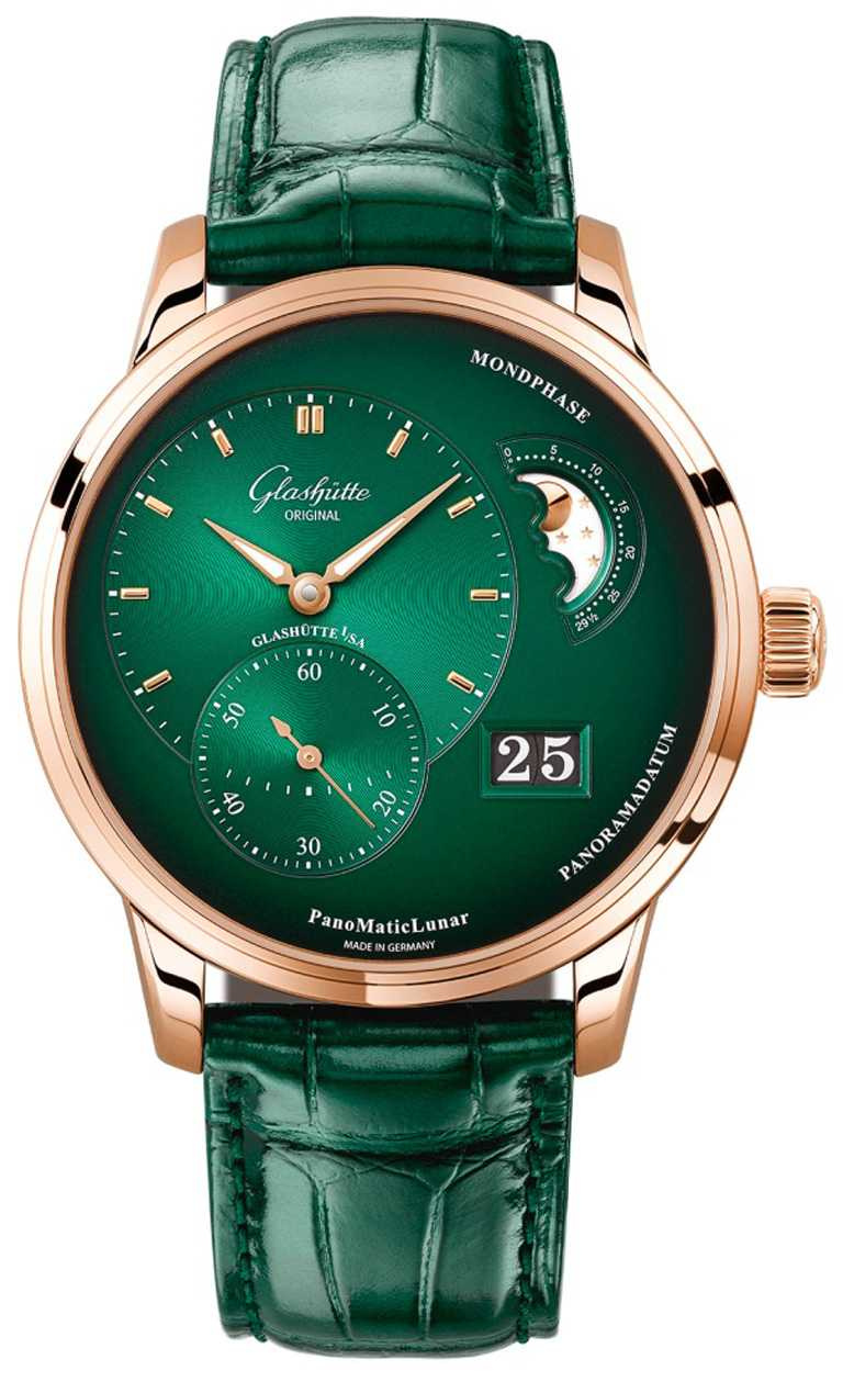 格拉蘇蒂原創「PanoMaticLunar」偏心月相腕錶，40mm，紅金錶殼，紅金折疊釦款╱692,000元。（圖╱Glashütte Original提供）