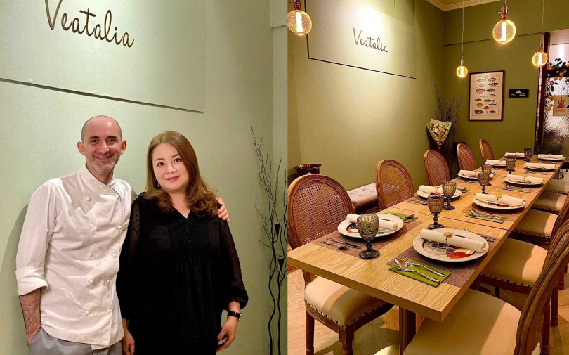 主廚Vito Grippa（左圖左）與伴侶Jennifer經營私廚，空間結合義大利鄉村風與現代摩登風格，餐點也搭配義大利進口手工餐盤。（圖／VEATALIA谷廚義味義式私廚料理提供）