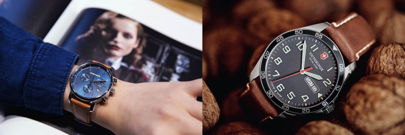 （左）WENGER　Urban Classic Chronograph，錶殼：不鏽鋼材質／錶徑44mm，機芯：Ronda石英，功能：三針／日期／計時，防水：100米，定價：12,800元。（右）VICTORINOX　FieldForce，錶殼：不鏽鋼材質／錶徑42mm，機芯：Ronda石英，功能：大三針／日期及星期，防水：100米，定價：12,800元。