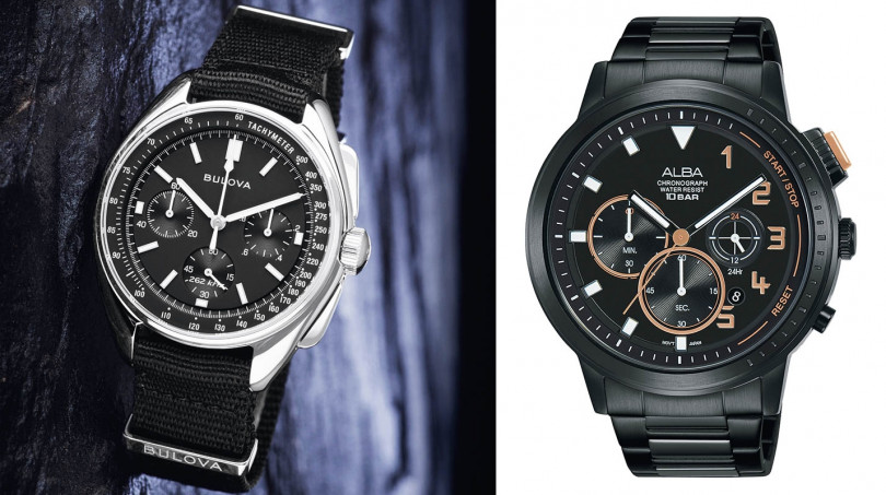 （左）BULOVA　96A225，錶殼：不鏽鋼材質／錶徑45mm，機芯：NP20石英，功能：三針／計時，防水：50米，定價：17,800元。（右）ALBA　AT3F31X1，錶殼：不鏽鋼材質／錶徑44.5mm，機芯：石英，功能：三針／日期／計時，防水：100米，定價：7,500元。