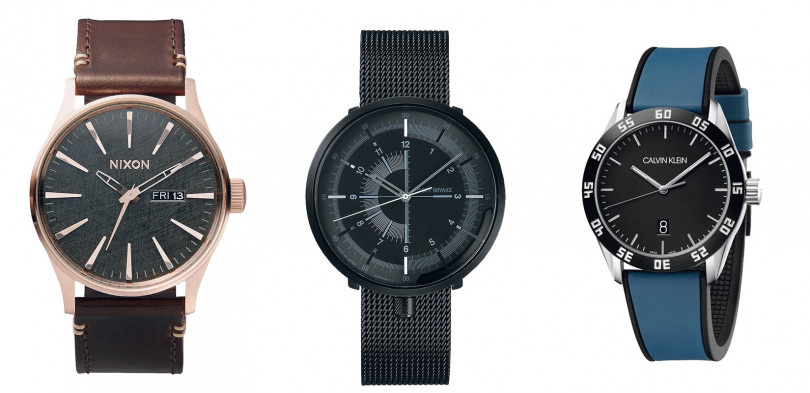 （左）NIXON　Sentry Leather，錶殼：不鏽鋼材質／錶徑42mm，機芯：Miyota石英，功能：大三針／日期及星期，防水：100米，定價：5,900元。（中）ISSEY MIYAKE　1/6 Automatic，錶殼：不鏽鋼材質／錶徑42mm，機芯：自動上鍊，功能：大三針，防水：50米，定價：19,900元。（右）CALVIN KLEIN　Compete，錶殼：不鏽鋼材質／錶徑42mm，機芯：ETA石英，功能：大三針／日期，防水：100米，定價：7,500元。