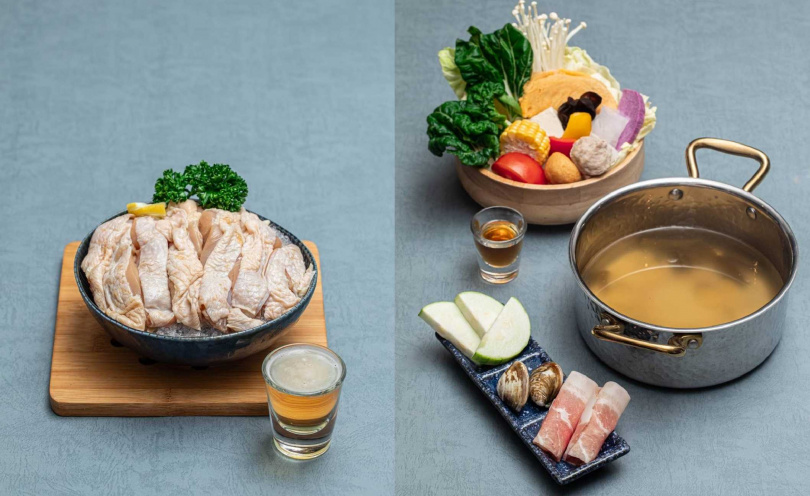 以asahi啤酒醃製的「啤酒雞腿肉」（左，單點185元）、右為剝皮辣椒湯底。（套餐540元起，圖／肉大人提供）