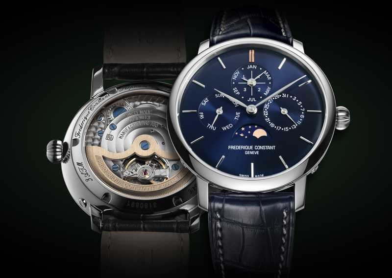 FREDERIQUE CONSTANT「Manufacture Perpetual Calendar」萬年曆腕錶藍面特別版╱288,000元（圖片提供╱FREDERIQUE CONSTANT）