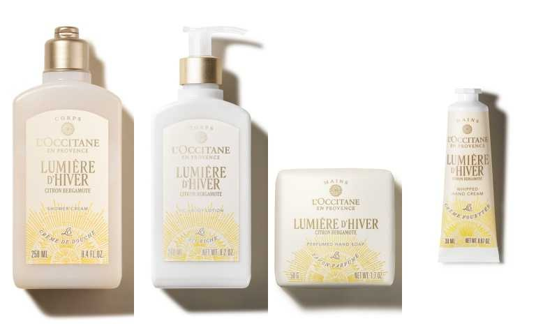 歐舒丹白晝金橙限量系列，左起： 白晝金橙沐浴霜250ml / 900元、白晝金橙保濕身體乳240ml / 1,360元、白晝金橙香氛皂50g / 280元、白晝金橙舒芙護手霜150ml / 1,220元、30ml / 420元（圖／品牌提供）​