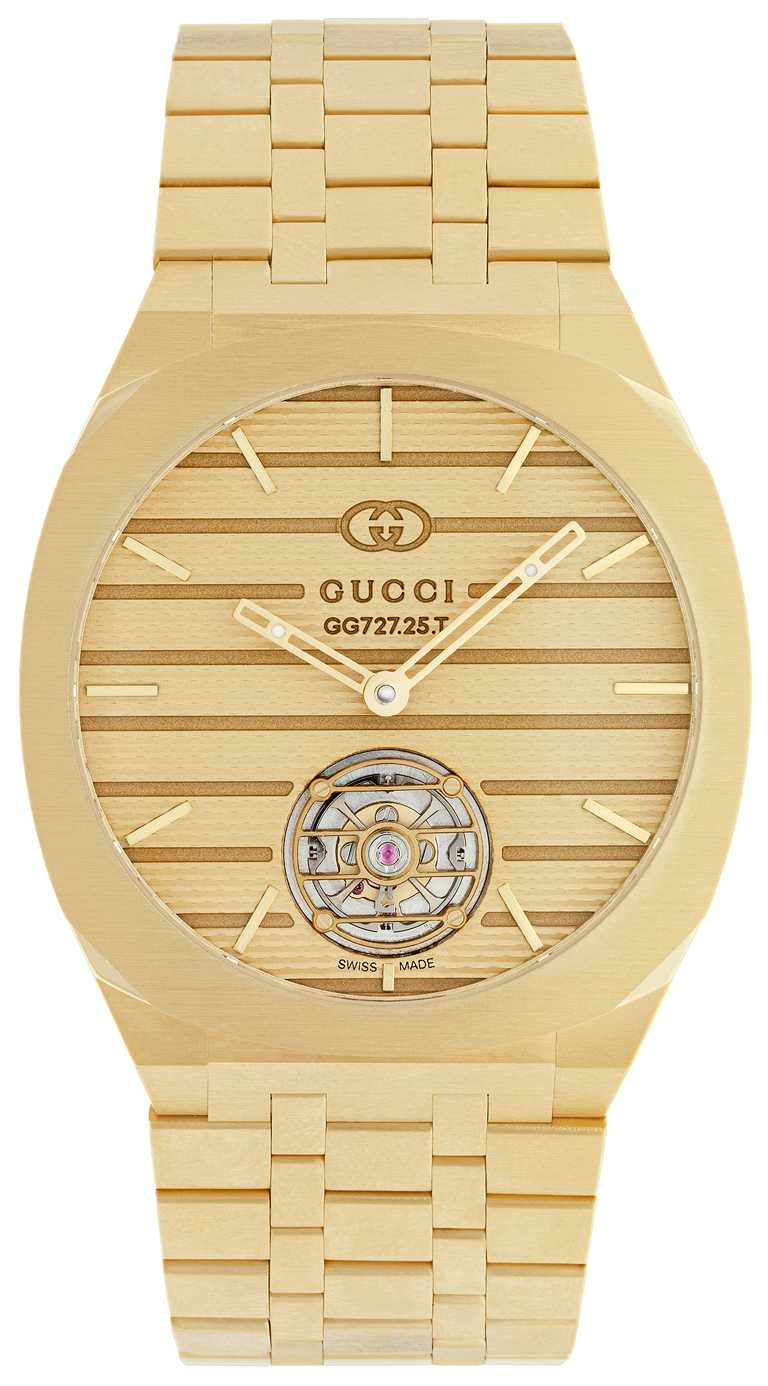 GUCCI「25H Tourbillon」黃金陀飛輪腕錶，40mm，18K黃金錶殼，GG727.25型陀飛輪機芯╱價格店洽。（圖╱GUCCI提供）