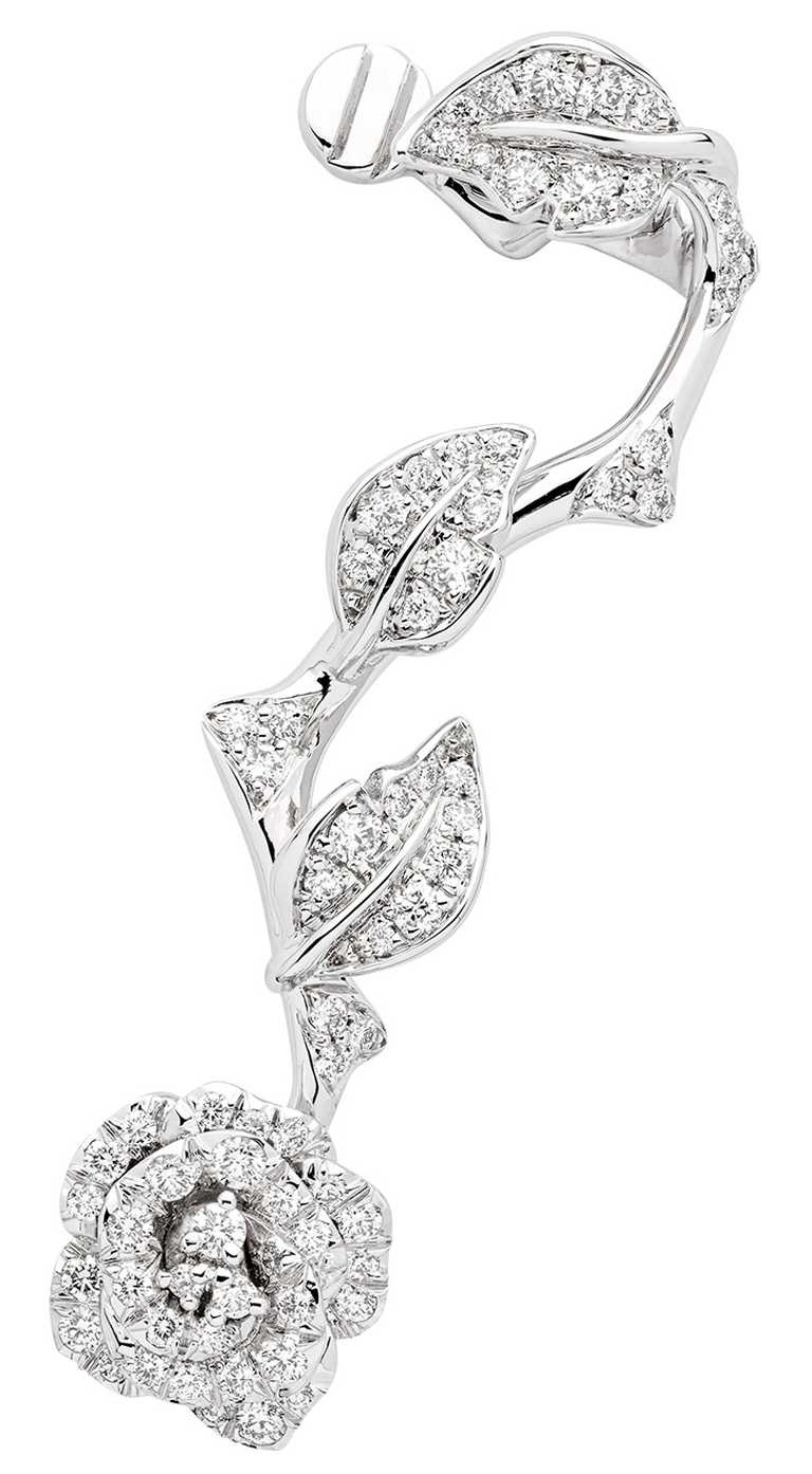DIOR「Rose Bagatelle」系列，白K金鑽石單只耳環╱445,000元。（圖╱DIOR提供）