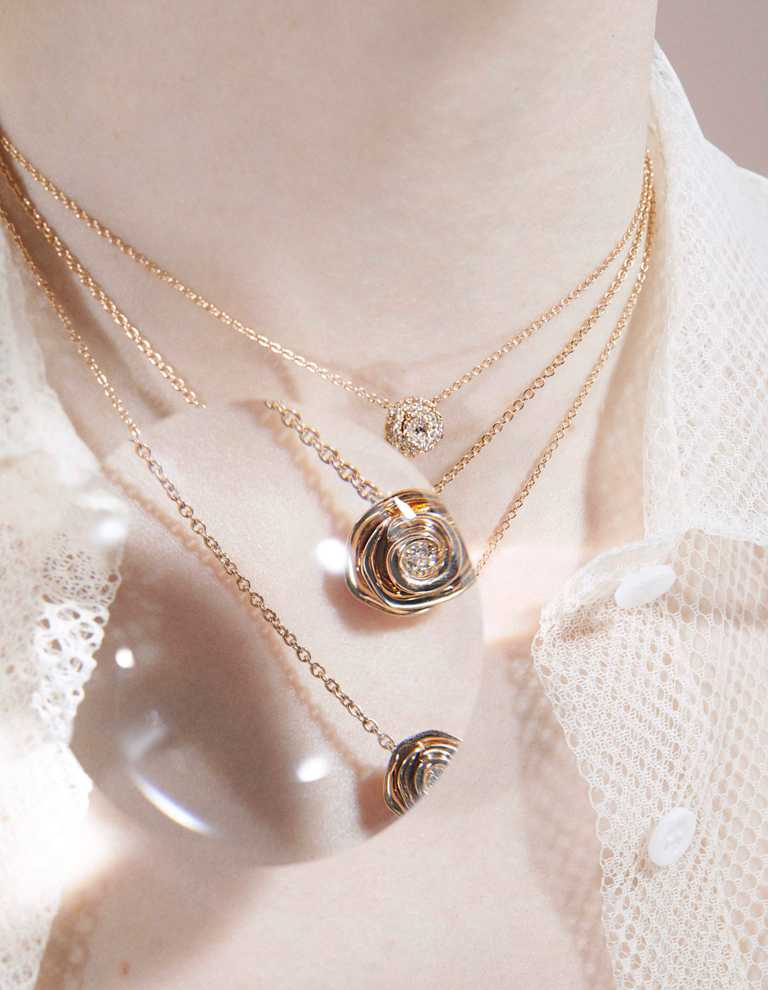 DIOR「Rose Couture」系列，玫瑰金鑽石項鍊╱（上）183,000元；（中）125,000元；（下）82,000元。（圖╱DIOR提供）