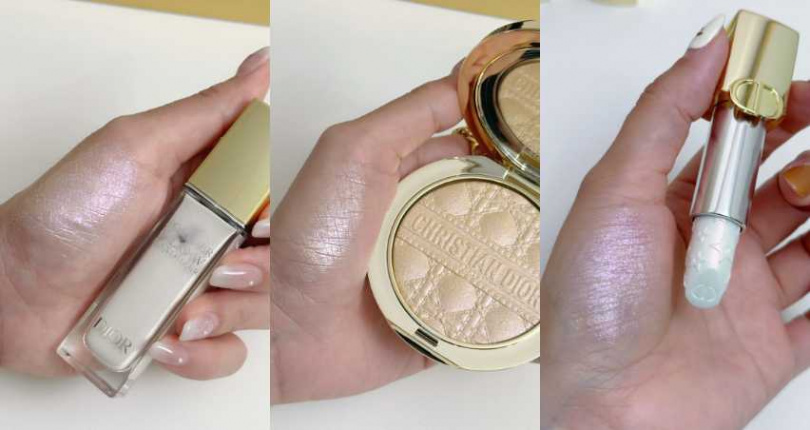 迪奧超完美持久亮采餅 奇幻星願 #001星願金/2,400元、迪奧超完美持久亮采露 奇幻星願 #001粉耀白/1,800元、迪奧藍星唇膏 奇幻星願限量版#010星願水晶/1,750元(圖/廖怡婷 攝)