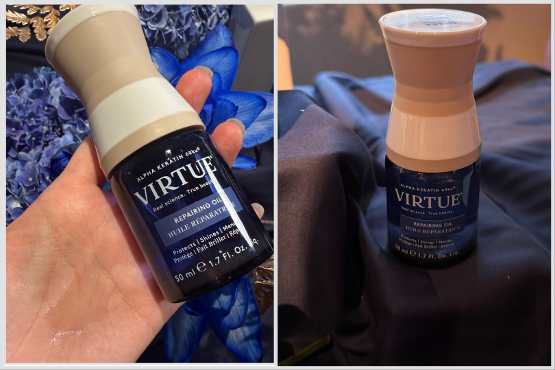 VIRTUE全方位防禦瞬護精華乳150ml / 1,580元、VIRTUE輕盈髮力撫紋油50ml / 1,880元。(圖/tingting攝)