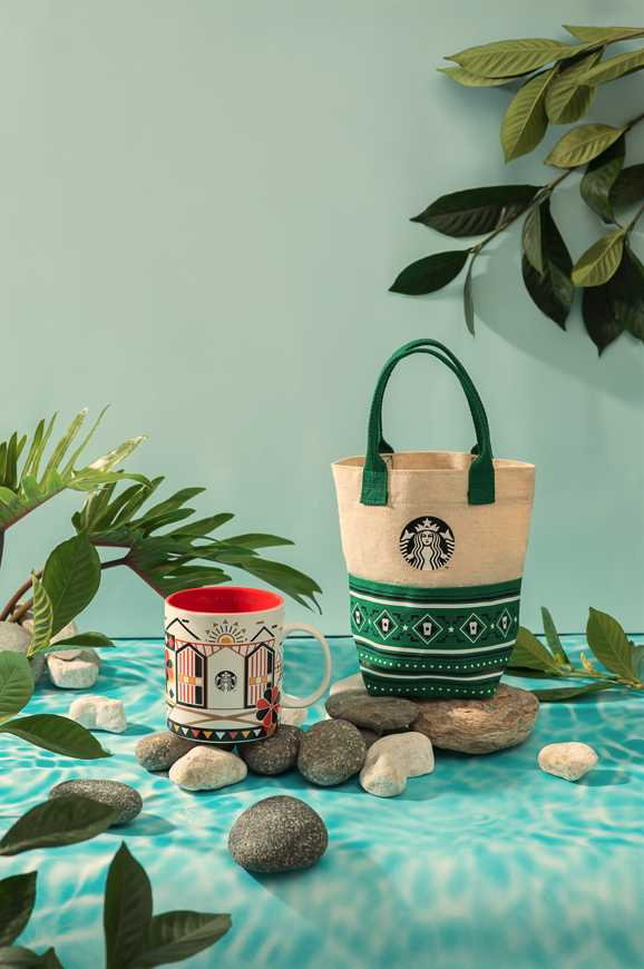 星巴克推出「花蓮原鄉馬克杯」及「騰彩綠女神隨行杯袋」。