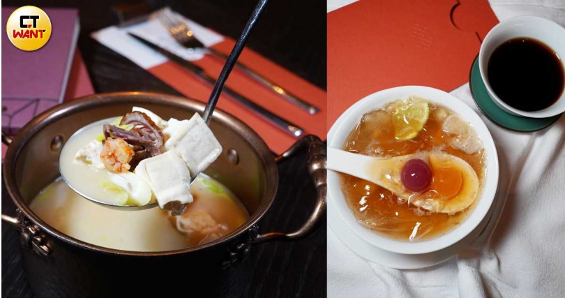 「鴨賞鹹滷豆腐」(左)、「檸檬愛玉冰沙」。(圖/魏妤靜攝)