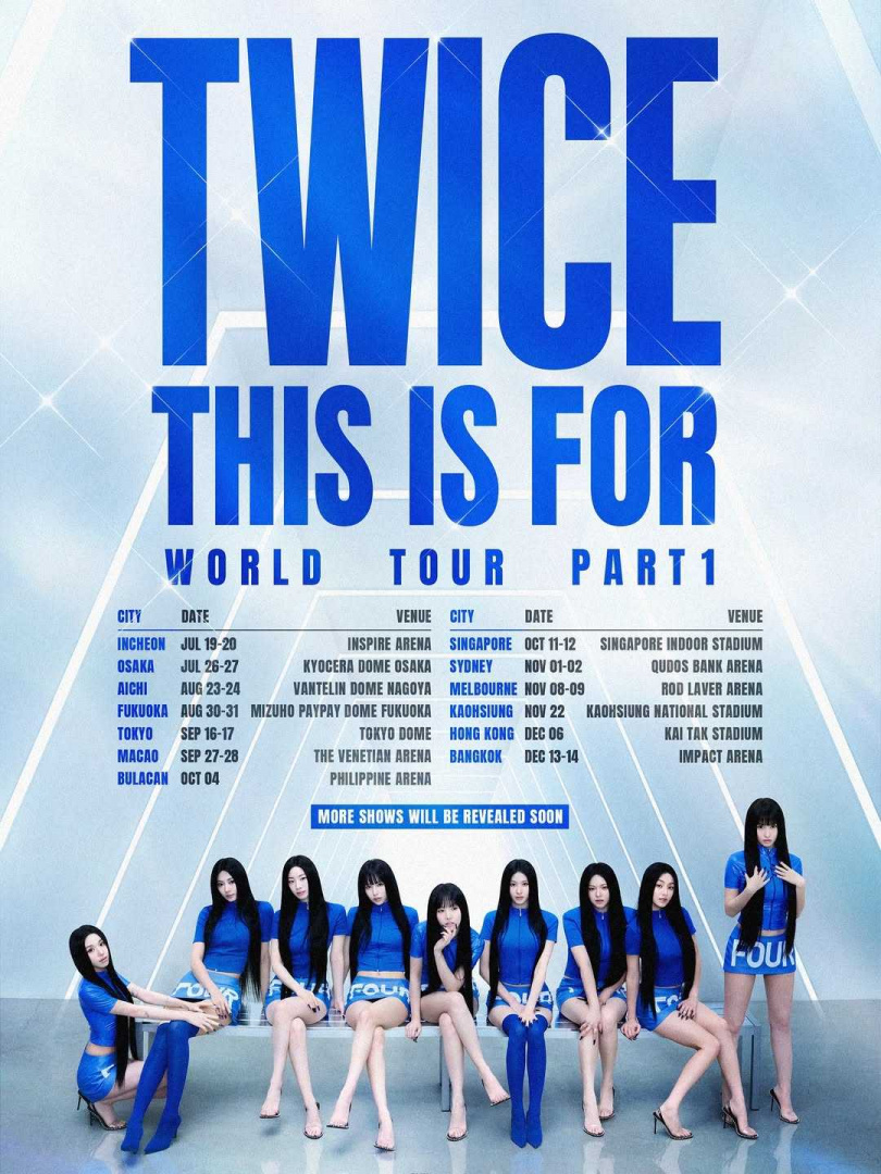 TWICE公布第六次世巡的日期及城市,高雄場將於11月22日在高雄國家體育場(世運主場館)舉辦。(圖/取自Live Nation Taiwan臉書)