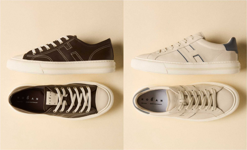 H691岩石褐磨面皮革男士休閒鞋／18,300元，H691沙丘米拼接霧灰藍logo皮革男士休閒鞋／20,000元（圖／品牌提供）