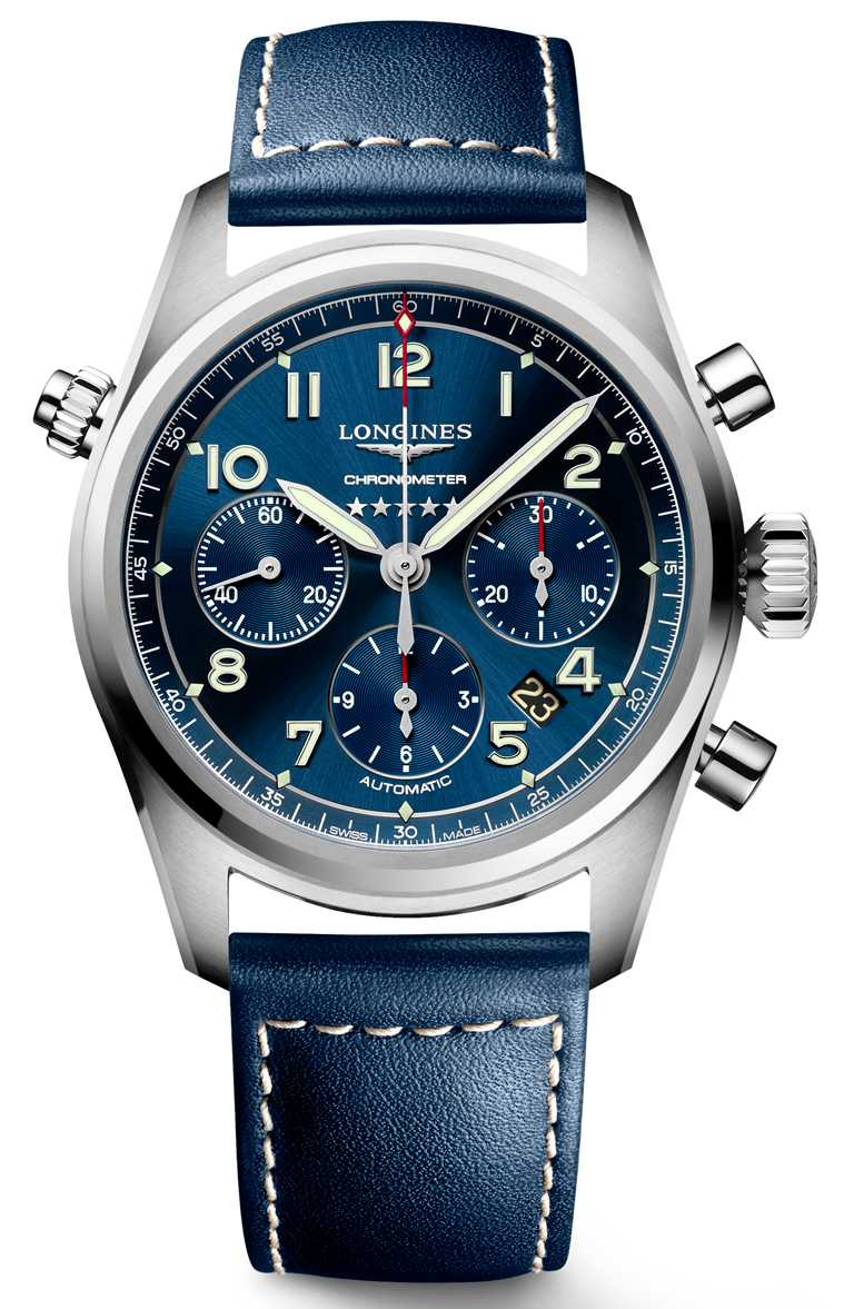 LONGINES「Spirit先行者」系列計時碼錶╱不鏽鋼錶殼，藍色太陽紋面盤款，藍色皮革錶帶，42mm╱100,300元。（圖╱LONGINES提供）