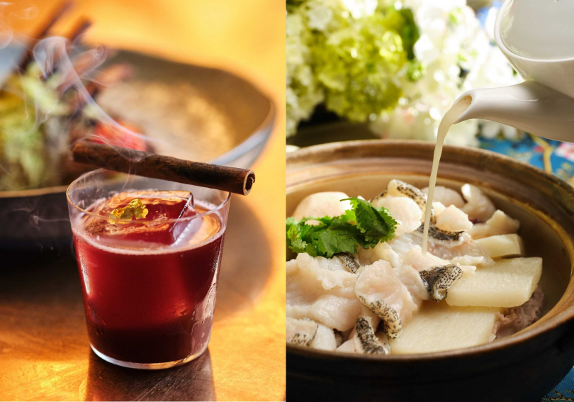 調酒「Ruby」（左，400元）適合搭配「法香烤羊排架」，右為另一道春季推薦菜「芋頭濃白鮮魚湯」。（1,388元，圖／玖尹提供）