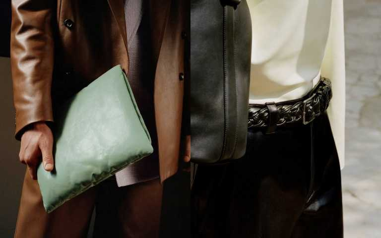 Bottega Veneta長方形手拿包；Bottega Veneta FOULARD 編織皮帶 $31200（圖／品牌提供）