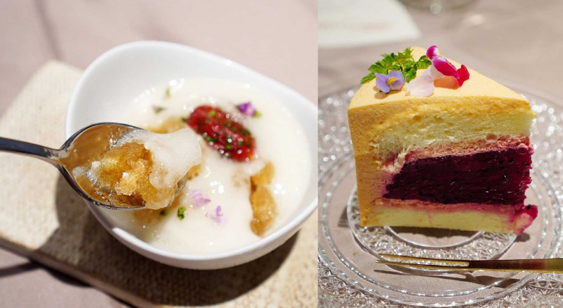 與大吟釀做成稠中微酸甜的「紅烏龍梅酒冰沙」（左）、飯後甜點「紅龍果蔬果蛋糕」。