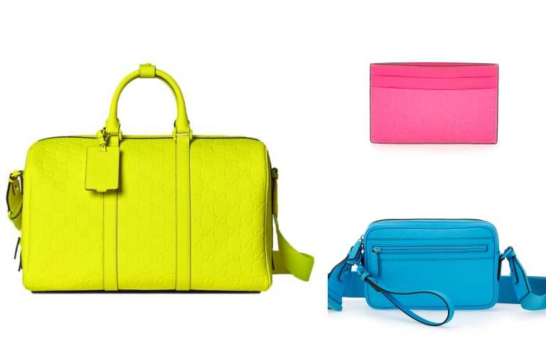 GUCCI螢光黃旅行手提袋／99,800元、GUCCI螢光粉卡套／10,600元、GUCCI螢光藍斜揹袋／63,100元（圖／品牌提供）