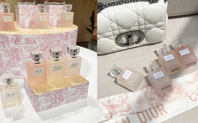 MISS DIOR花漾護髮精萃油 30ml／2,300元。MISS DIOR花漾髮香噴霧 30ml／2,300元：清新柔和牡丹香氣，適合白天使用；MISS DIOR香氛髮香噴霧 30ml／2,300元：玫瑰主調浪漫感性，氣質型旅人首選；MISS DIOR香精髮香噴霧 30ml／2,300元：茉莉與果香交織，夜色中低調迷人。（圖／黃筱婷攝）