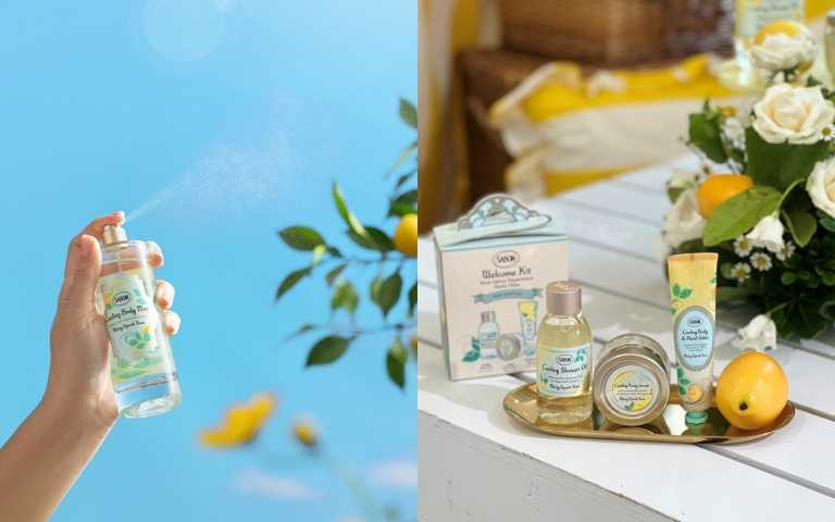 SABON沁柚莫西多身體香氛噴霧100ml / 1,480元。(右)收納清潔、去角質、保濕三部曲，隨時展開降溫儀式。SABON沁柚莫西多明星三部曲推薦組3入旅行組/1,280元（圖／品牌提供）