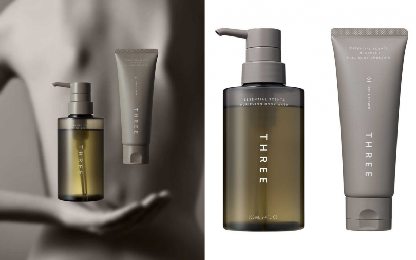 THREE香氛甦活沐浴露280ml／1,100元、香氛甦活精油身體乳100ml／1,500元（圖／品牌提供）