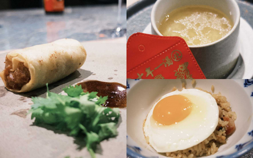 左圖為「究好豬控肉炸春卷」、右上為法租界招牌「十年一湯雞湯」、右下為「63次法租界臘腸煲仔飯」。（圖／加七攝）