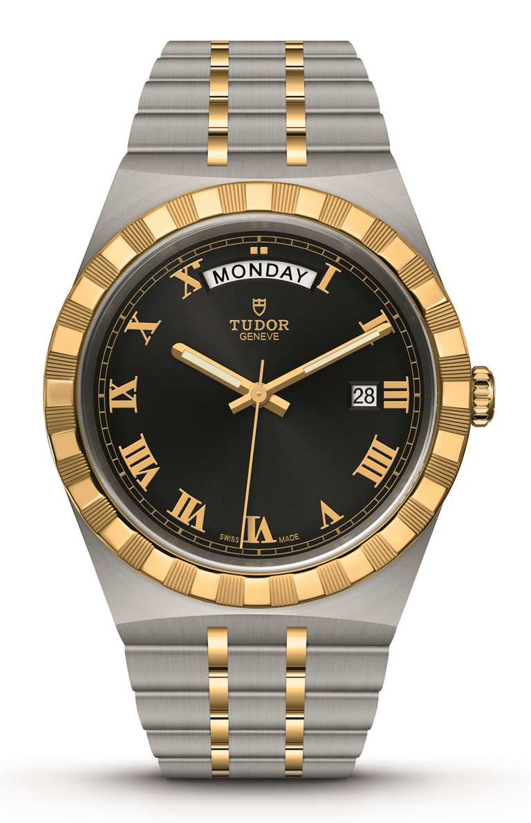 TUDOR「Royal皇家系列」腕錶╱316L不鏽鋼錶殼，黃金鋼錶帶，41mm╱107,000元。（圖╱TUDOR提供）