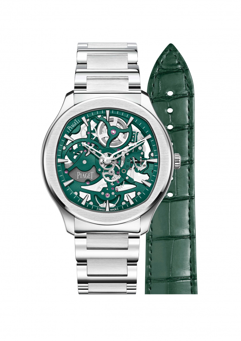 PIAGET Polo系列孔雀綠鏤空超薄腕錶／建議售價960,000元／隨附孔雀綠鱷魚皮錶帶（圖／品牌提供）