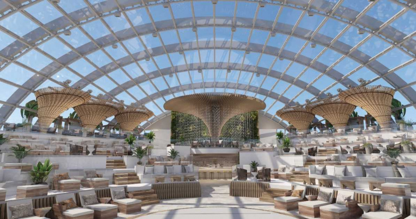 以希臘聖托里尼的露台為靈感，打造出海上首座多樓層的「玻璃穹頂空中花園」。