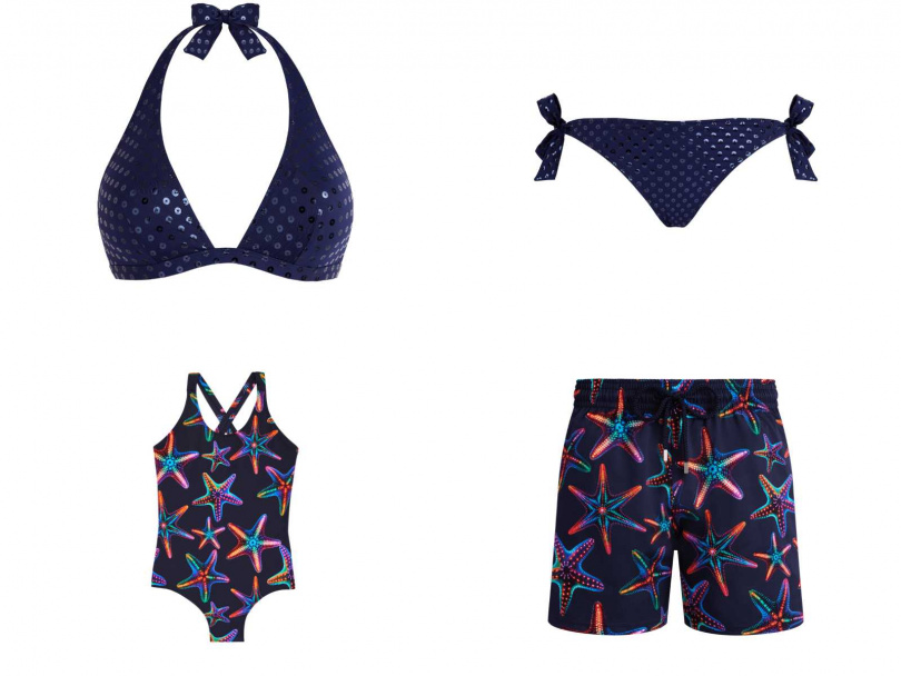 FLECHE 亮片風格綁帶式繞頸比基尼上衣／4,900元，側綁帶比基尼下身／4,400元，GINX女童連身泳衣／5,300元，MOORISE彈性短版泳褲／10,100元（圖／品牌提供）