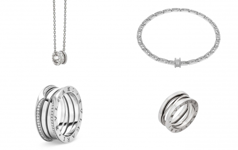 BVLGARI B.ZERO1白K金鑽石頸鍊、B.ZERO1白K金三環戒指、B.ZERO1設計傳奇系列三環戒指(圖/品牌提供)