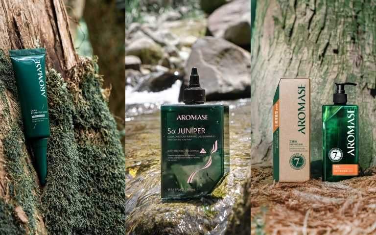 AROMASE艾瑪絲的「三步驟」第一步先用染燙頭皮隔離液，第二步用森系列舒敏平衡洗髮；第三步再搭配5α 捷利爾液定期護理。（圖／品牌提供）