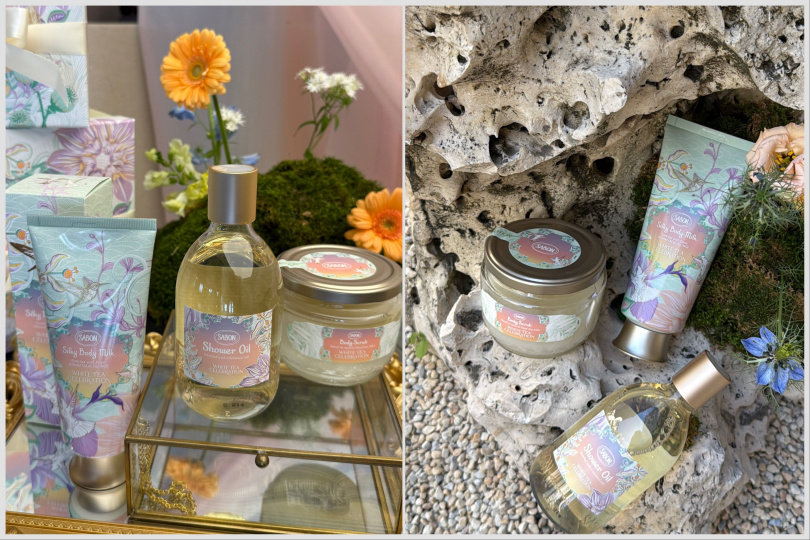 SABON白茶沐浴油300ml / 980元、SABON白茶身體磨砂膏320g / 1,480元、SABON白茶絲綢身體乳液200ml / 1,380元。（圖／品牌提供）