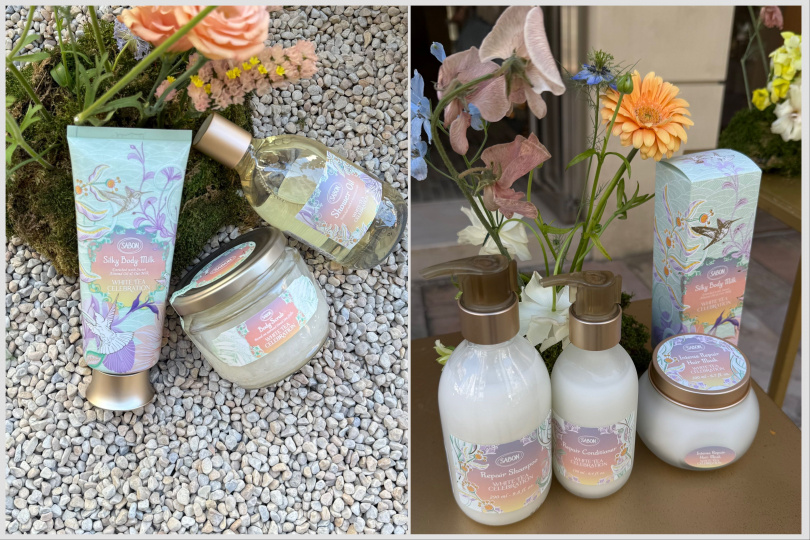 SABON白茶沐浴油300ml / 980元、SABON白茶身體磨砂膏320g / 1,480元、SABON白茶絲綢身體乳液200ml / 1,380元。（圖/tingting攝影）