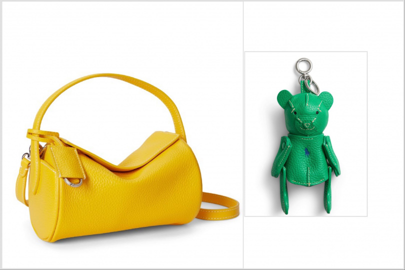 SANA手提的檸檬黃水桶包和綠色小熊吊飾!(圖/品牌提供)