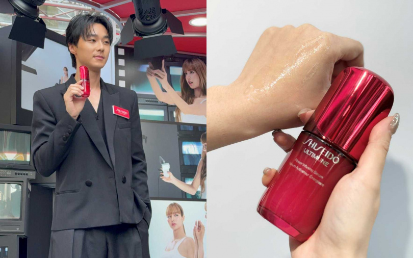 施柏宇大推的資生堂小紅瓶，他說不只工作前一定要擦它，連到國外”追星”也是靠它維持保水好膚質。（圖／吳雅鈴攝）