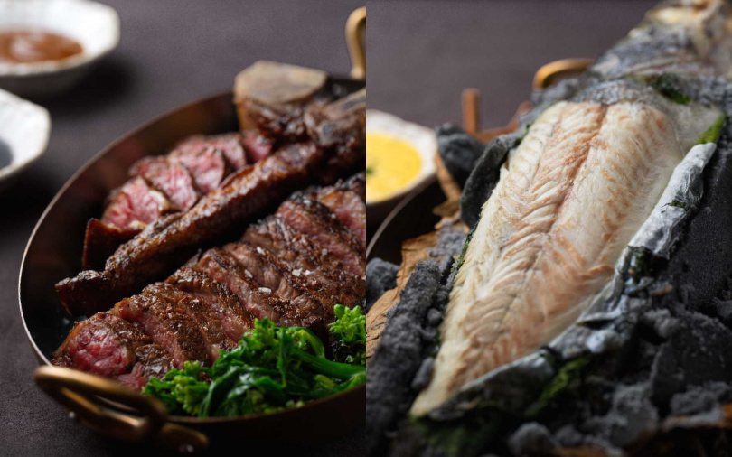 左圖為美國Prime丁骨牛排32oz、右圖為鹽烤當日鮮魚。(圖/品牌提供)
