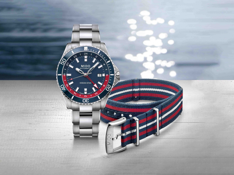 MIDO美度表為全新Ocean Star GMT海洋之星雙時區腕錶特別版配備了專屬錶殼與可替換式錶帶。