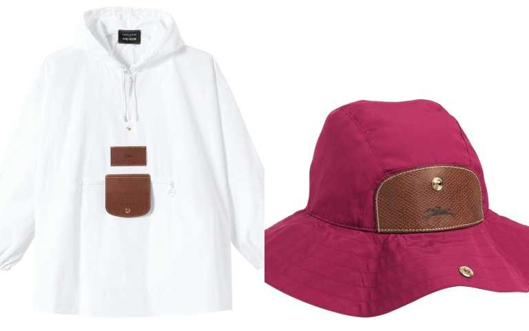 LONGCHAMP & D’HEYGERE 聯名系列 防水斗篷(白色)14,500元；LONGCHAMP & D’HEYGERE 聯名系列 遮雨帽(紫紅色)9,900元（圖／品牌提供）