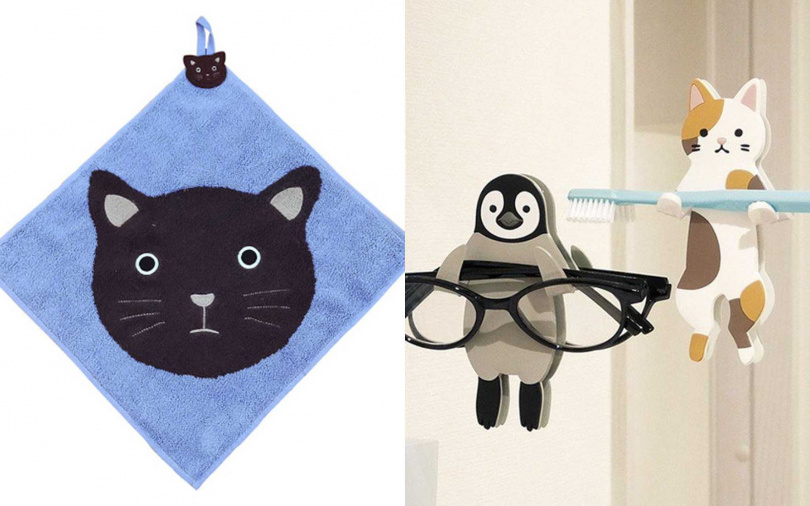 貓頭吊耳擦手巾－藍 售價129元，黏貼式掛勾收納動物好朋友－多款 售價380元。