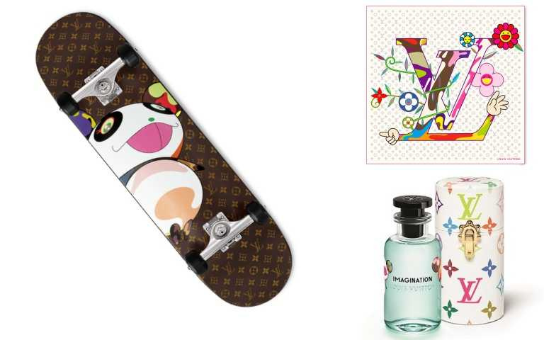 Louis Vuitton x Murakami Superflat 角色滑板/95,500元；Louis Vuitton x Murakami Monogram Superflat 90 方巾 /20,100元；LV x MURAKAMI 香水和TRAVEL CASE（圖／品牌提供）