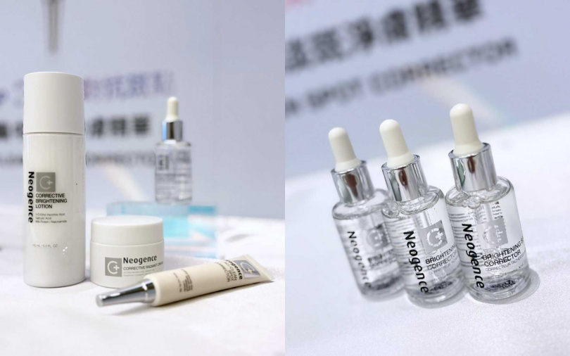 Neogence霓淨思「C+光感超淨白系列」共有極透光亮白機能水、極透光亮白淡斑精華、超集中淡斑淨膚精華、極透光無瑕淨膚霜,可以完整你的日常保養程序。(圖/吳雅鈴攝)
