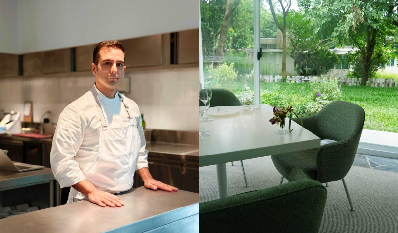 來自西班牙的行政主廚Jonatan Motos Ferrán(左)、Restaurant 12用餐空間的陽光房。(圖/魏妤靜攝)