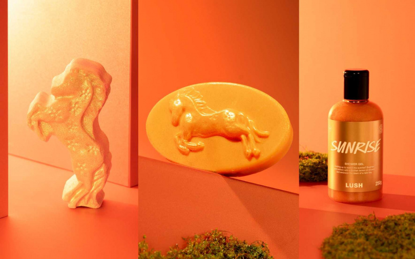 LUSH馬到成功汽泡彈／320元、馬力全開按摩芭／630元、旭日曙光沐浴露100g／400元（圖／品牌提供）