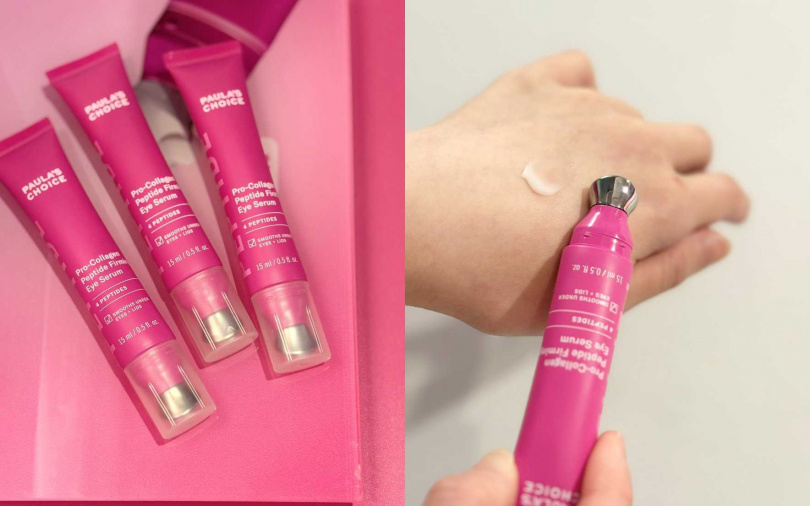 新登場的高效胜肽膠原緊緻眼部精華還有冰感金屬按摩頭,可輕壓舒緩眼周肌膚。(圖/吳雅鈴攝)