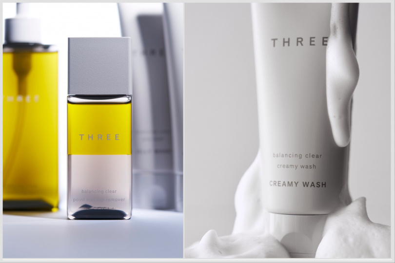 THREE平衡淨化眼唇卸妝露90mL／1,100元、THREE平衡淨化洗顏皂霜100g／1,300元。（圖／品牌提供）