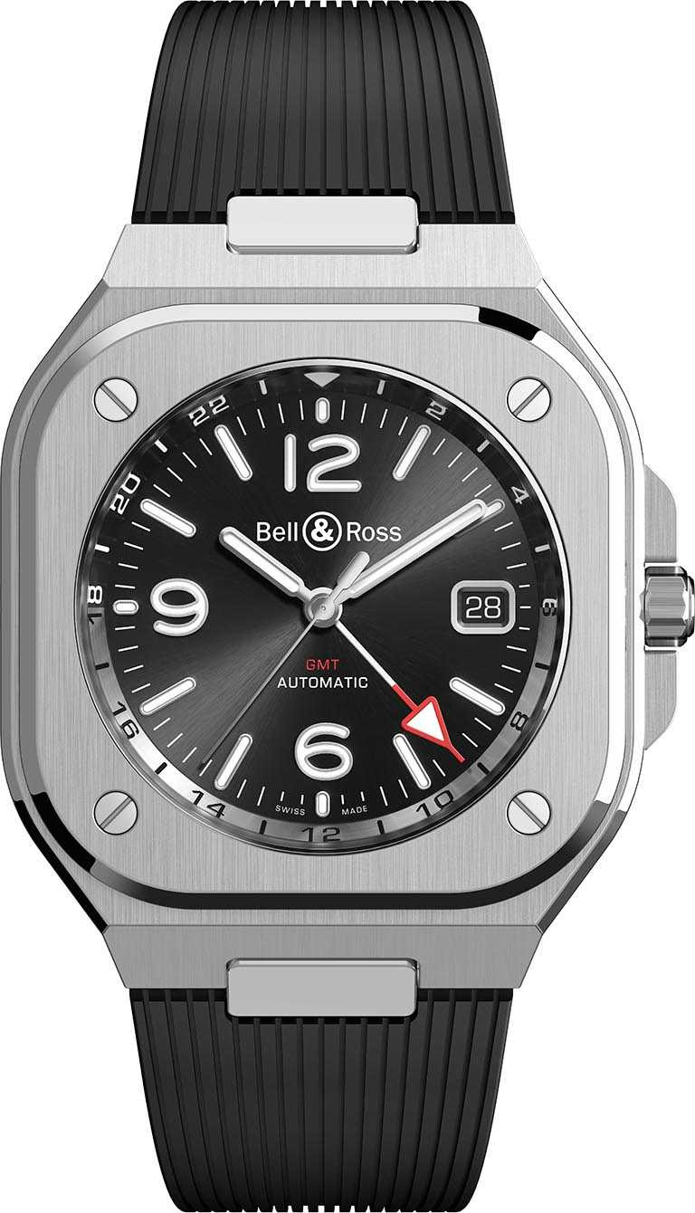 Bell & Ross「BR 05 GMT」兩地時間腕錶，41mm，不鏽鋼錶殼、黑色橡膠錶帶，BR-CAL.325型自動上鏈機芯╱156,000元。（圖╱Bell & Ross提供）