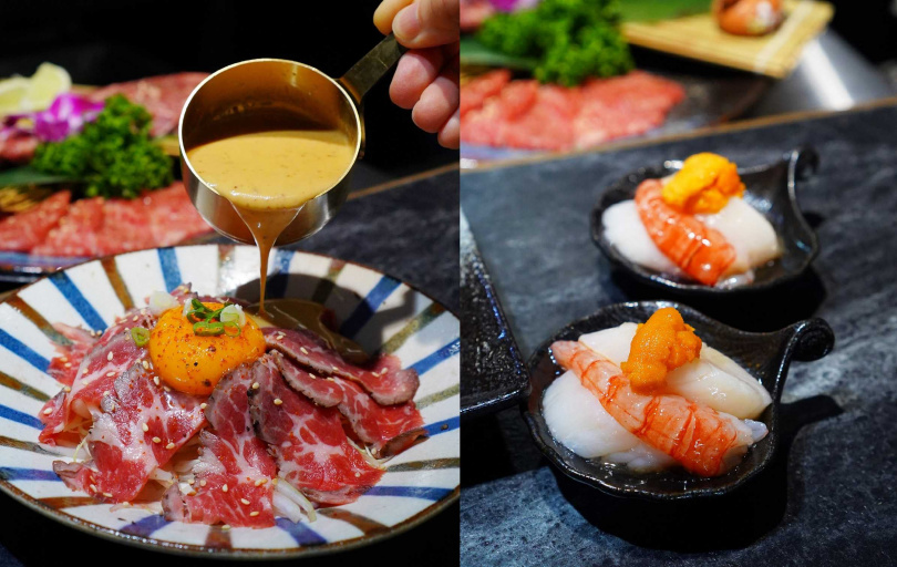 「日式辣胡麻生牛肉」（左，360元）、「海味干貝漢堡」。（200元／顆，圖／魏妤靜攝）