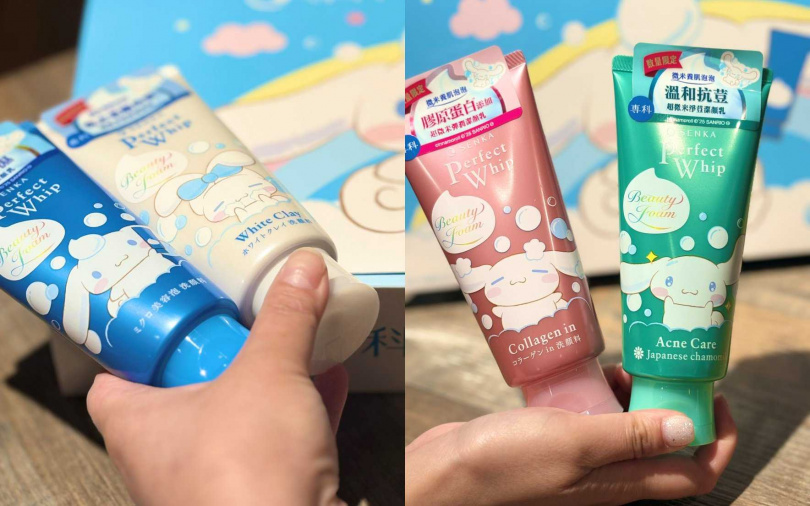 專科超微米潔顏乳x大耳狗喜拿的聯名一次推出四款限定包裝,經典藍、亮泥白、彈潤粉、淨痘綠,每一瓶都能看到大耳狗不一樣的表情變化,很值得收集。(圖/吳雅鈴攝)