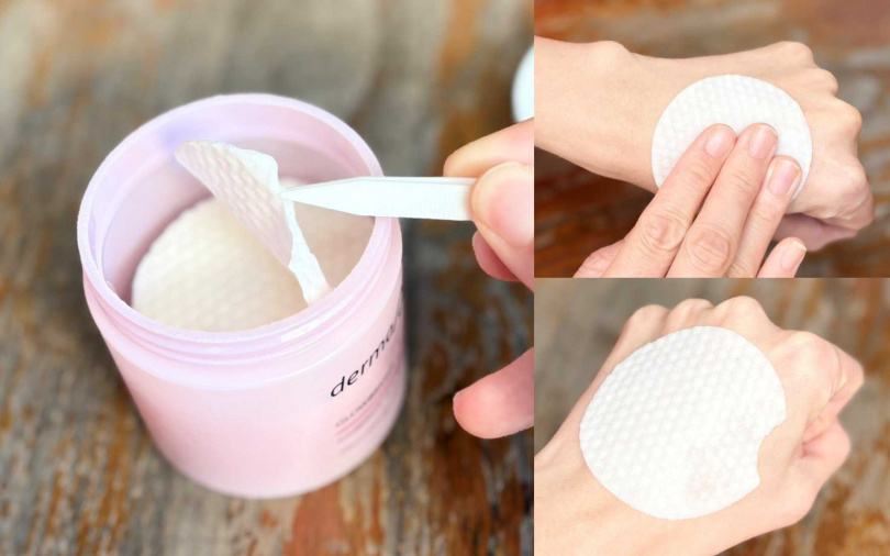 加碼推薦~於去年底已搶先上市、同系列的光透美白爽膚棉，一片雙效：先用凸紋面擦出亮白、再用凹紋面濕敷淡斑，也是很多女生妝前必用的心頭好喔。（圖／吳雅鈴攝）